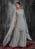 Grey Georgette Mirror Work Palazzo Suit for Engagement - 2