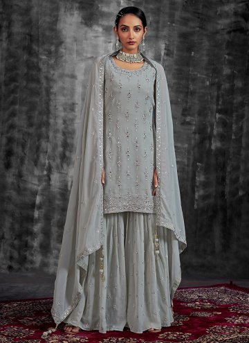 Grey Georgette Mirror Work Palazzo Suit for Engagement