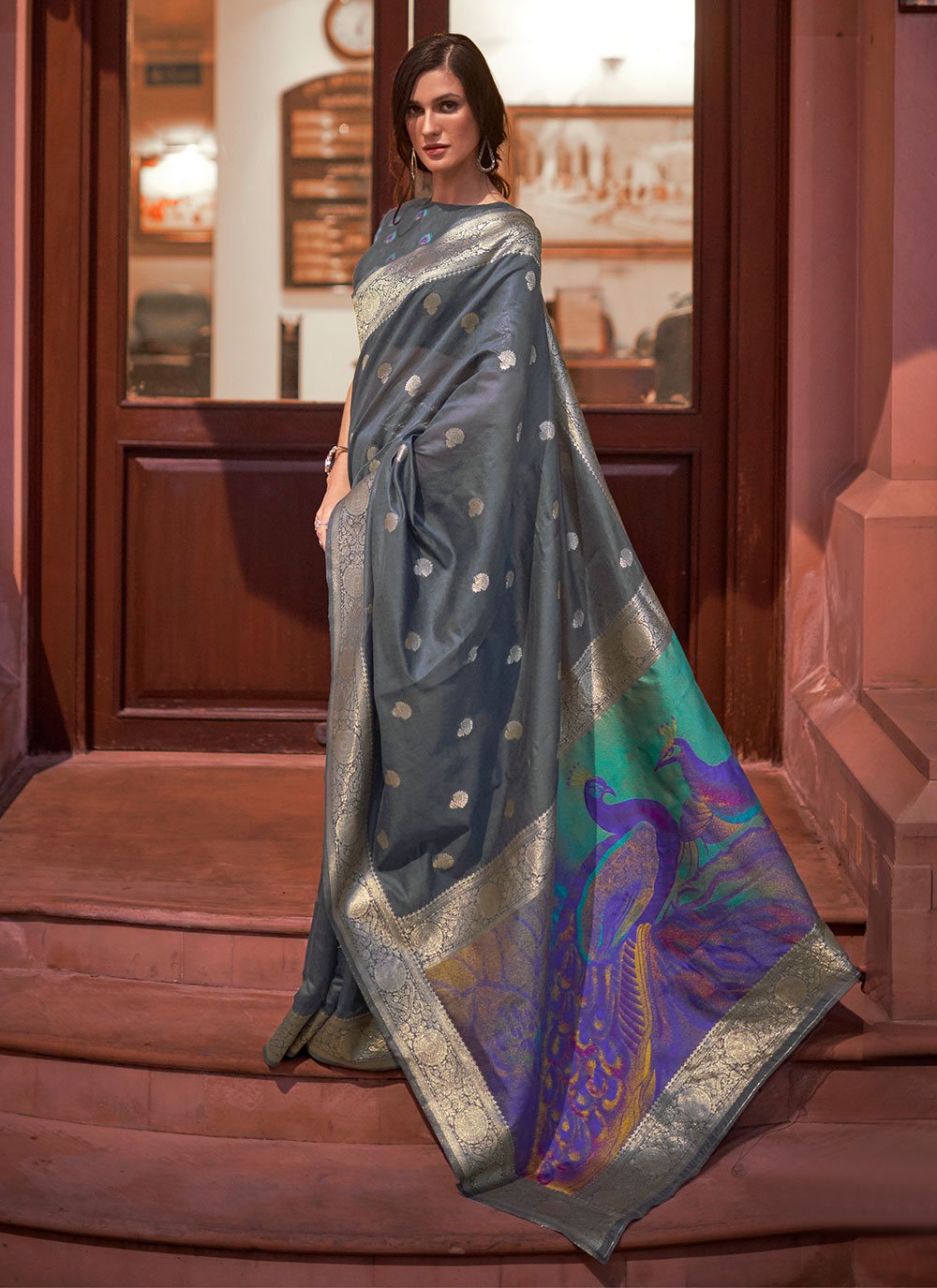Grey Handloom Silk Woven Classic Designer Saree for Festival