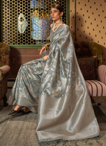 Grey Handloom Silk Woven Contemporary Saree for Festival