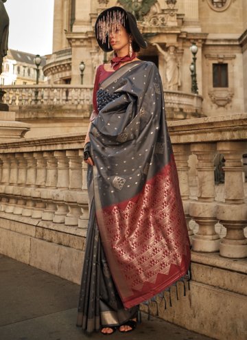 Grey Handloom Silk Woven Designer Saree for Ceremo