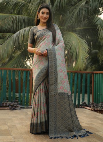 Grey Kanjivaram Silk Designer Contemporary Saree for Ceremonial