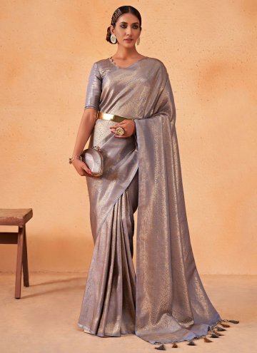 Grey Kanjivaram Silk Woven Designer Saree for Part