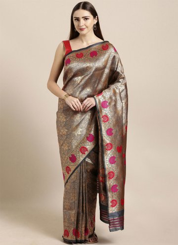 Grey Kanjivaram Silk Woven Traditional Saree for Festival