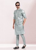 Grey Kurta Payjama With Jacket in Art Banarasi Silk with Printed - 1