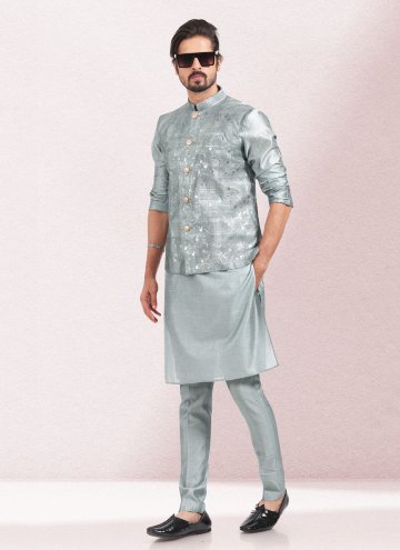 Grey Kurta Payjama With Jacket in Art Banarasi Silk with Printed