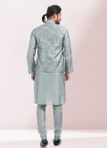 Grey Kurta Payjama With Jacket in Art Banarasi Silk with Printed - 2