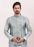 Grey Kurta Payjama With Jacket in Art Banarasi Silk with Printed - 3