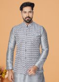 Grey Kurta Payjama With Jacket in Banarasi with Fancy work - 1