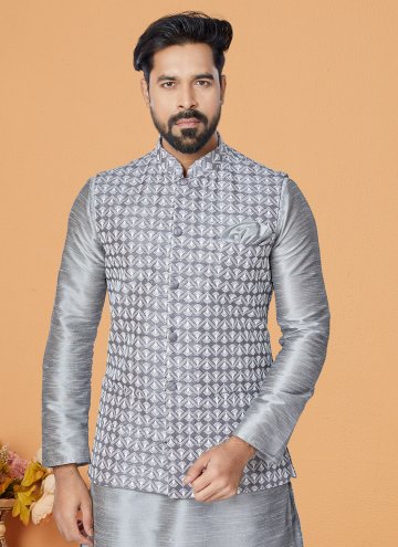 Grey Kurta Payjama With Jacket in Banarasi with Fancy work