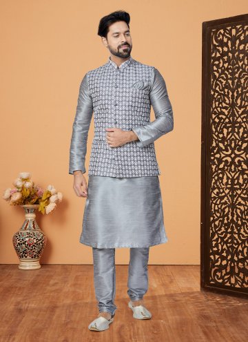 Grey Kurta Payjama With Jacket in Banarasi with Fa