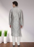Grey Kurta Pyjama in Art Dupion Silk with Patchwork - 1