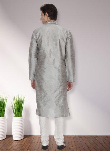 Grey Kurta Pyjama in Art Dupion Silk with Patchwork