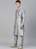 Grey Kurta Pyjama in Art Dupion Silk with Plain Work - 1