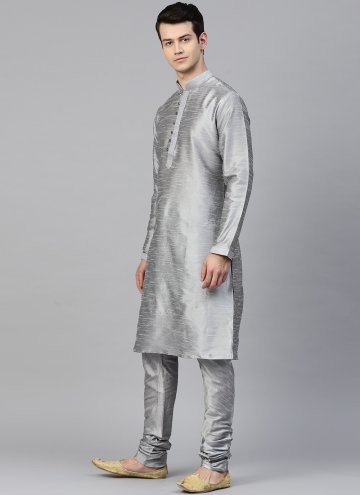 Grey Kurta Pyjama in Art Dupion Silk with Plain Work