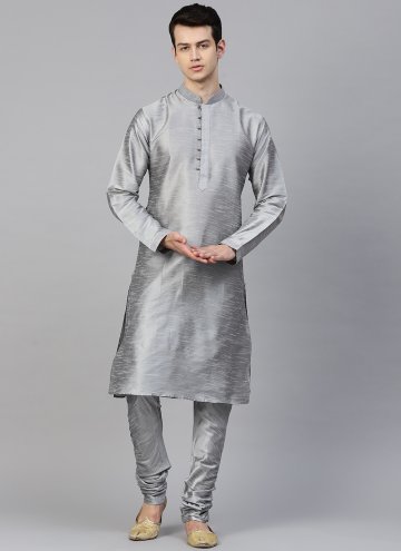 Grey Kurta Pyjama in Art Dupion Silk with Plain Work