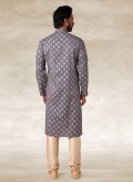 Grey Kurta Pyjama in Handloom Cotton with Printed - 1