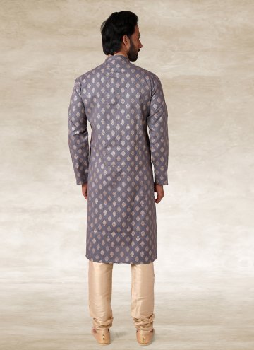 Grey Kurta Pyjama in Handloom Cotton with Printed