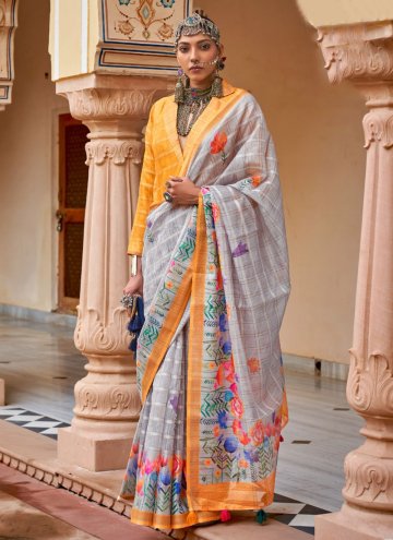 Grey Linen Floral Print Trendy Saree for Casual
