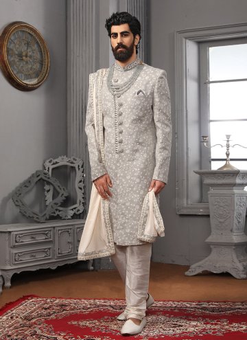 Grey Lucknowi Embroidered Sherwani for Ceremonial