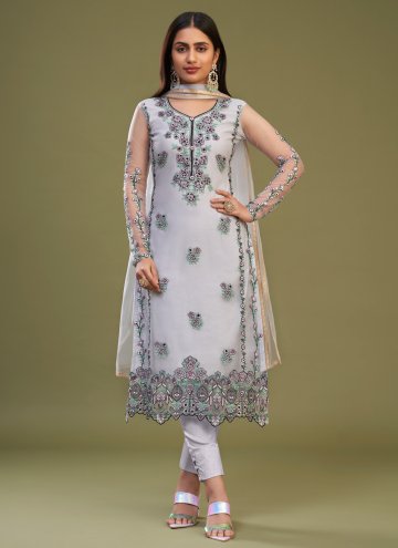 Grey Net Embroidered Pant Style Suit for Ceremonia