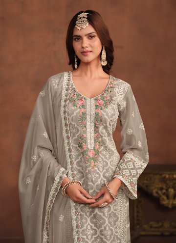 Grey Organza Embroidered Pant Style Suit for Ceremonial