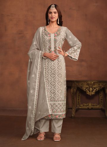 Grey Organza Embroidered Pant Style Suit for Cerem
