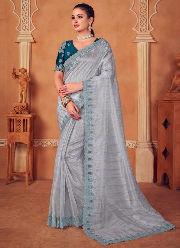 Grey Organza Embroidered Traditional Saree for Cer