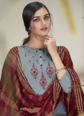 Grey Pant Style Suit in Faux Chiffon with Embroidered - 1