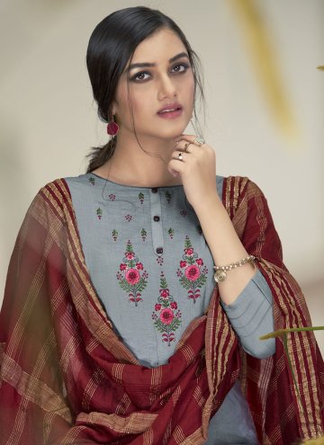 Grey Pant Style Suit in Faux Chiffon with Embroidered