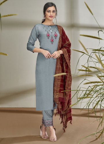 Grey Pant Style Suit in Faux Chiffon with Embroide