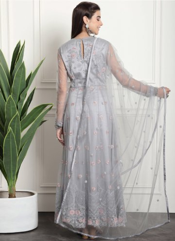 Grey Salwar Suit in Net with Embroidered