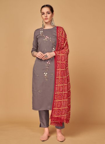 Grey Salwar Suit in Silk with Embroidered