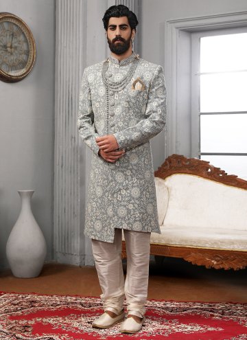Grey Sherwani in Lucknowi with Embroidered