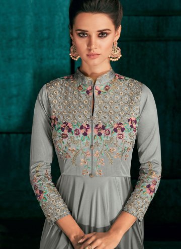 Grey Silk Embroidered Readymade Designer Gown