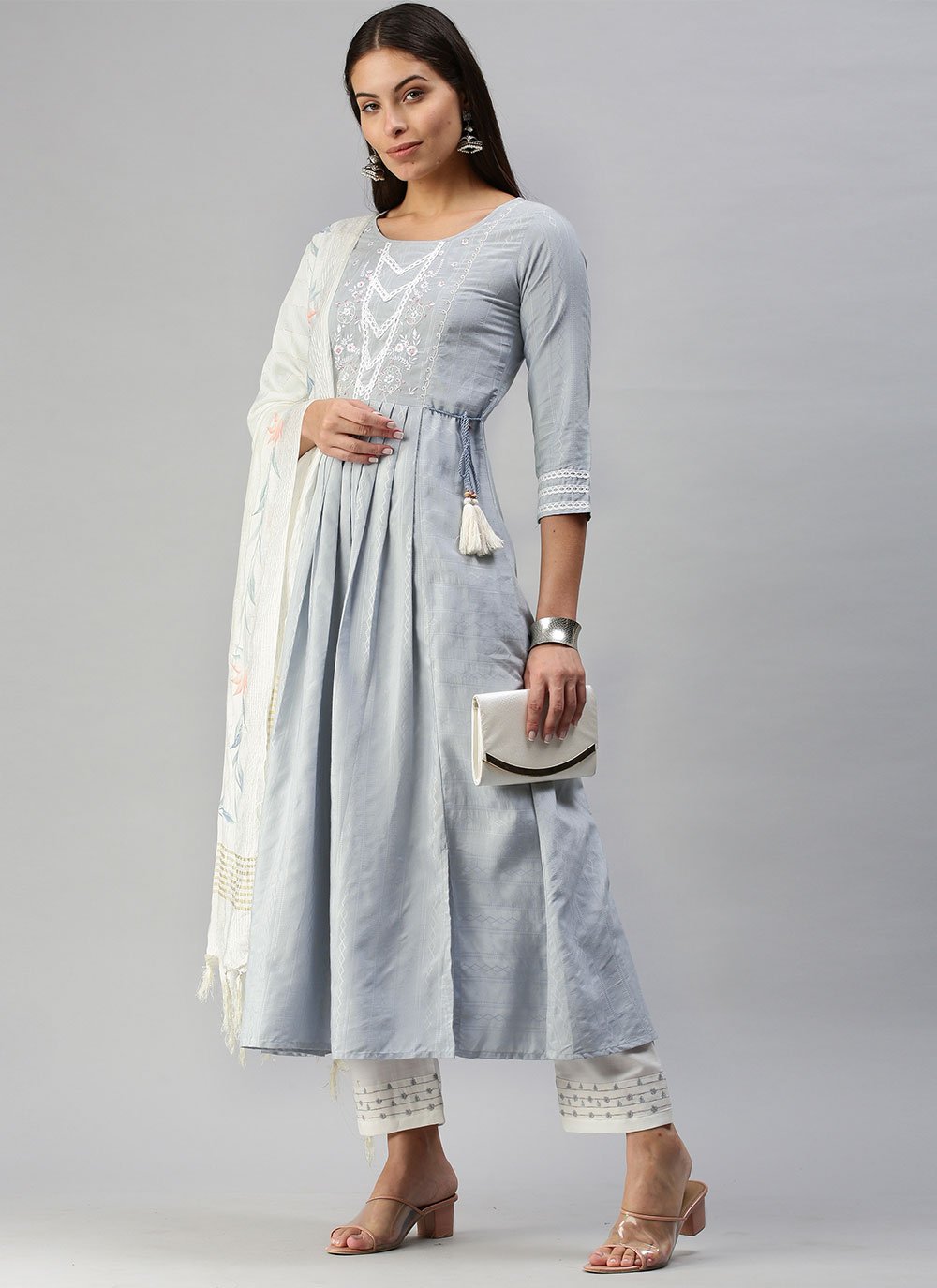Grey Silk Embroidered Salwar Suit