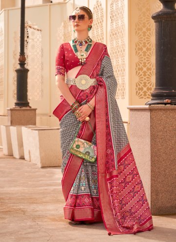 Grey Silk Printed Designer Traditional Saree for Engagement