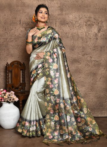Grey Silk Saree in Silk with Floral Print