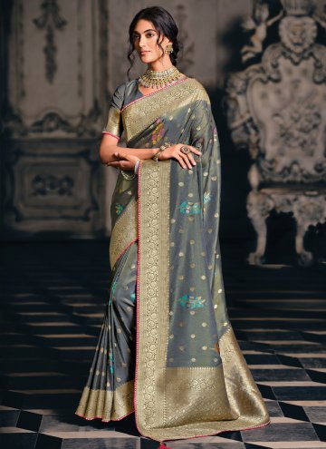 Grey Silk Woven Classic Designer Saree for Mehndi