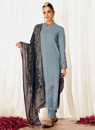 Grey Straight Salwar Kameez in Silk with Embroider