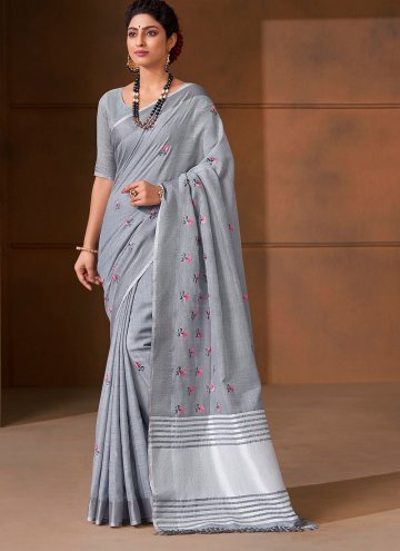 Grey Trendy Saree in Linen with Embroidered