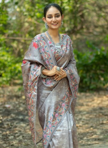 Grey Tussar Silk Embroidered Contemporary Saree for Ceremonial