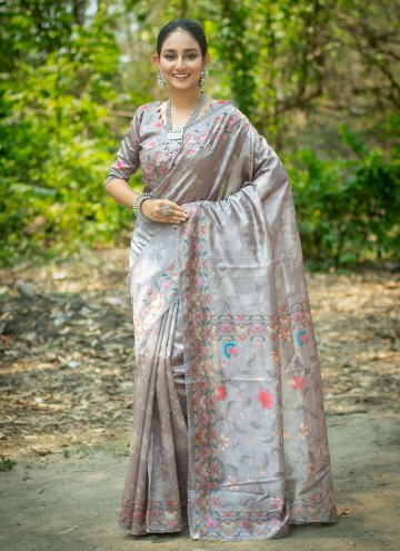 Grey Tussar Silk Embroidered Contemporary Saree for Ceremonial