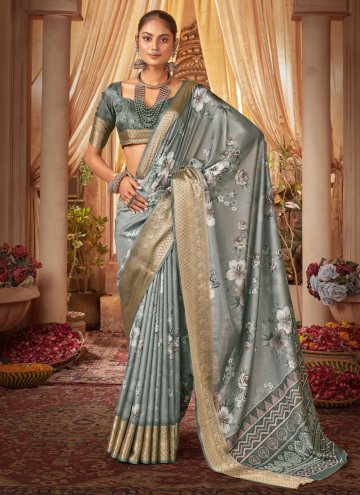 Grey Tussar Silk Floral Print Trendy Saree for Casual