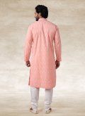 Handloom Cotton Kurta Pyjama in Pink Enhanced with Printed - 1