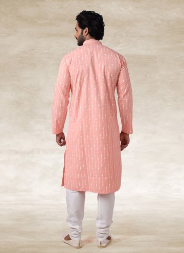 Handloom Cotton Kurta Pyjama in Pink Enhanced with Printed