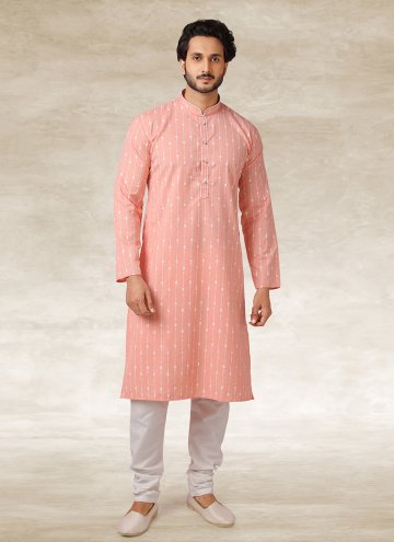 Handloom Cotton Kurta Pyjama in Pink Enhanced with