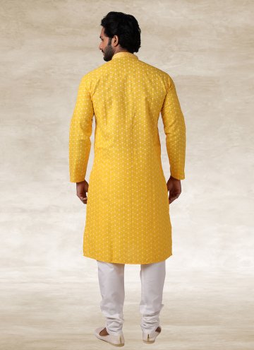 Handloom Cotton Kurta Pyjama in Yellow Enhanced with Printed
