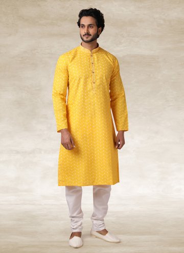 Handloom Cotton Kurta Pyjama in Yellow Enhanced wi