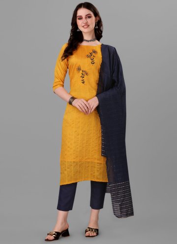 Handloom Cotton Trendy Salwar Kameez in Mustard Enhanced with Embroidered
